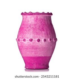 Hand-shaped ceramic pink vase. With carvings and ornaments, decorative motif for home. Craft, gift shop, flower vase design to place on furniture, hallway,  floor, shelf isolated on white background - Powered by Shutterstock