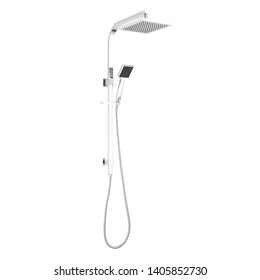 Handshower Isolated On White Background. Stainless Steel 2 In 1 Square Dual Hand Held Slim Line Shower Head Set. Home Innovation. Chrome Hand Shower Spray. Bath Plumbing Fixture And Bathroom Fixtures