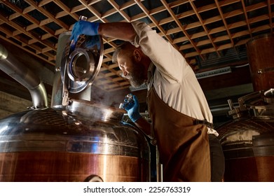 Handsome adult brewer inspecting process of brewing beer with steam - Powered by Shutterstock