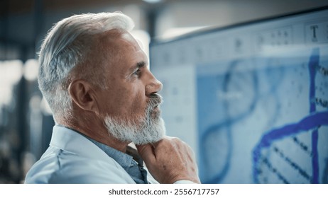 Handsome Adult Laboratory Director Having a Brainstorming Session Alone in a Meeting Room. Senior Scientist Thinking, Searching for a Solution, Problem Solving Advanced Biotech Project - Powered by Shutterstock