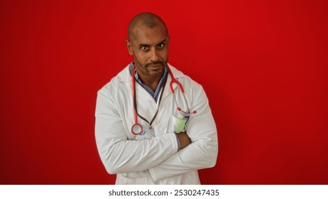 Handsome african american male doctor standing confidently with arms crossed against an isolated red background wall - Powered by Shutterstock