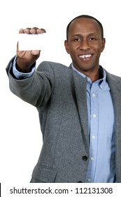 Handsome African American Man Holding Up A Business Card