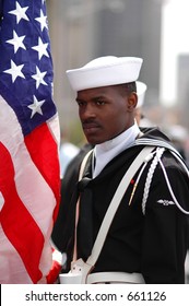 Handsome African American Navy Holding US Flag In St.Patrick Day Parade, Atlanta