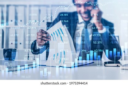 Handsome African American salesperson at investment bank is contacting with a client to invest in a new financial product to gain profit by checking fresh analytics report. Buy or sell stock concept