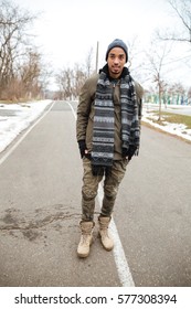 Handsome African American Young Man Standing On The Road Outdoors