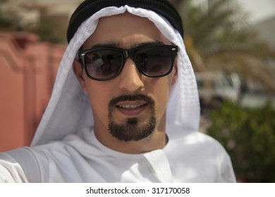 Handsome Arabian Male Taking Selfie Outdoors