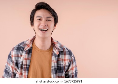 Handsome Asian Attractive Male Face Close Up Casual Dress Laugh And Big Smile Happiness Surprise Expression,pretty Asian Man Toothy Smile Wide Mouth Color Background