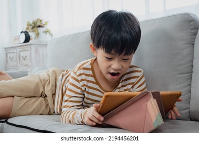 Handsome Asian boy, lying on sofa in his comfortable position, He played game frantically, and his demeanor was extremely fun, His expression looked happy, furious while playing game.