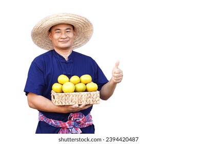 Handsome Asian man farmer wears hat, blue shirt, holds basket of organic orange fruits, make hand to present, isolated on white background. Concept, Agriculture occupation, produce crops to market.   - Shutterstock ID 2394420487