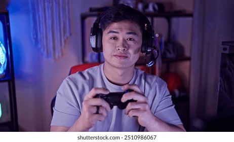 Handsome asian man gaming intensely in a dark indoor room wearing headphones and holding a controller - Powered by Shutterstock