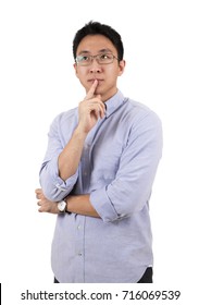 Handsome Asian Man Thinking On White Background. He Planning Something For Future.