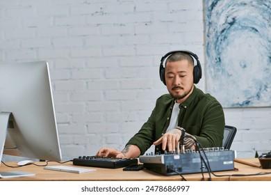 A handsome Asian man wearing headphones and a green shirt sits at a desk in a studio, working on music production. - Powered by Shutterstock