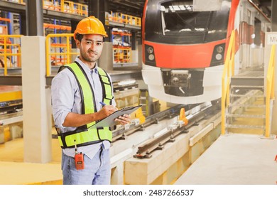 Handsome asian worker engineer stands diligently recording data clipboard in front electric locomotive at a modern maintenance station checking safety systems before using the transport service. - Powered by Shutterstock