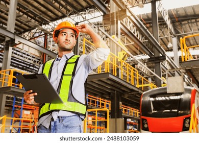 Handsome asian worker engineer stands diligently recording data clipboard in front electric locomotive at a modern maintenance station checking safety systems before using the transport service. - Powered by Shutterstock