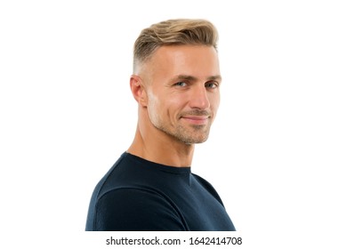 Handsome And Attractive. Handsome Man Isolated On White. Caucasian Guy With Handsome Unshaven Face. Mens Grooming. Hair And Skin Care. Haircare Cosmetics. Skincare Products. Handsome And Well Groomed.