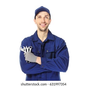 Handsome Auto Mechanic On White Background