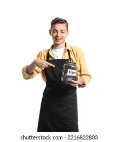 Handsome Barista Pointing At Tip Jar On White Background