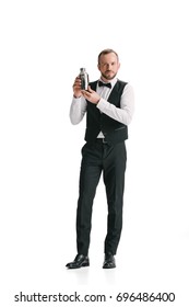 Handsome Bartender With Classical Metal Shaker Isolated On White