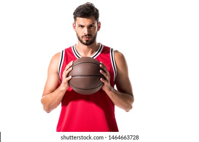 Handsome Basketball Player Holding Ball Isolated On White 