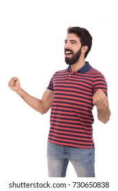 Handsome beard man wearing striped red T-shirt and jeans, guy feeling excited, isolated on white background