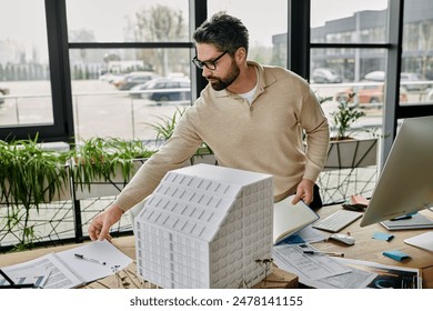 A handsome bearded businessman in glasses works in a modern office, examining a building model on his desk. - Powered by Shutterstock