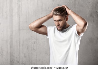 Handsome Bearded Guy In A Blank White T-shirt With Stylish Hair