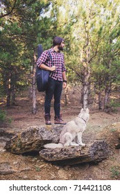 Handsome bearded man with guitar bag and husky dog walking in the woods at summer times 