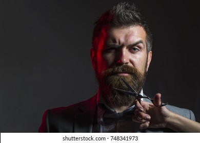 Handsome Bearded Man With Long Beard Moustache. Barber Scissors. Long Beard. Bearded Man, Lush Beard, Handsome. Hipster In Barbershop. Mens Haircut In Barber Shop. Vintage Barbershop, Shaving.