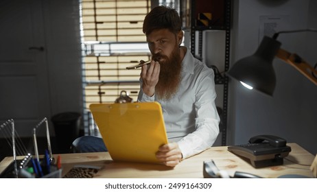 A handsome, bearded man ponders a case in a dimly lit detective office. - Powered by Shutterstock