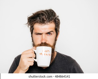 handsome bearded man with stylish hair beard and mustache on serious face in shirt holding white cup or mug with good morning text drinking tea or coffee in studio on grey background - Powered by Shutterstock