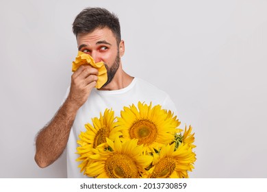 Handsome Bearded Man Suffers From Allergic Rhinitis Uses Napkin To Blow Nose Holds Sunflower Bouquet Has Allergy On Pollen Has Watery Red Eyes Poses Against White Background Blank Copy Space