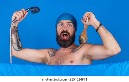 Handsome Bearded Man Take Shower. Guy Washing Body With Soap Foam And Body Brush. Bath Time.