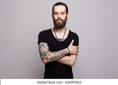 Handsome Bearded Man.Brutal Hipster Boy With Tattoo