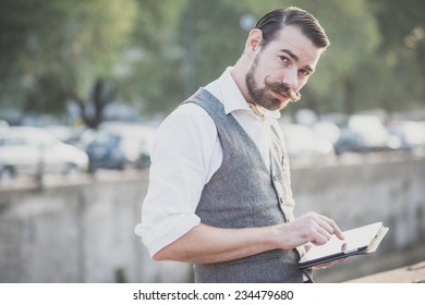 Handsome Big Moustache Hipster Man In The City