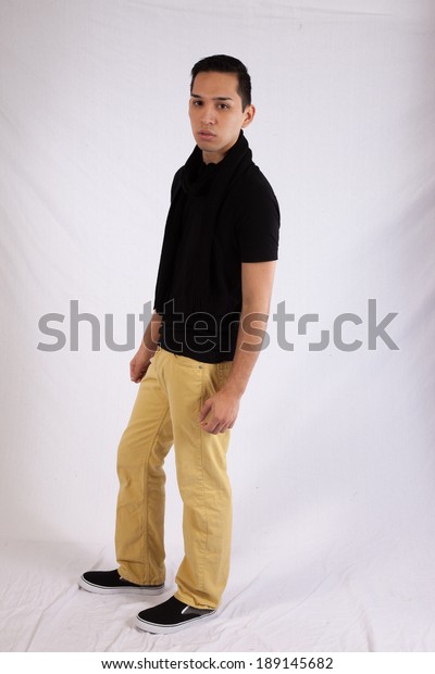 Handsome Black Shirt Scarf Yellow Pants Stock Photo Edit Now