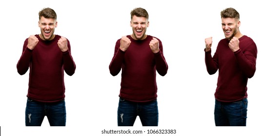 Handsome blond man happy and excited expressing winning gesture. Successful and celebrating victory, triumphant isolated over white background - Shutterstock ID 1066323383