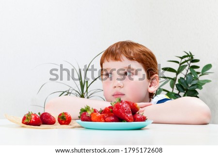 handsome boy with red hair eats ripe sweet strawberries, a boy with berries for dessert or other food, closeup