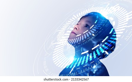 Handsome boy wearing formal shirt is watching far away. Digital interface with hologram with circle diagram with binary code on white background. Concept of modern technology and metaverse
