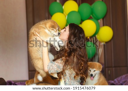 Handsome brunette girl have fun hugs and play with akita inu puppies.