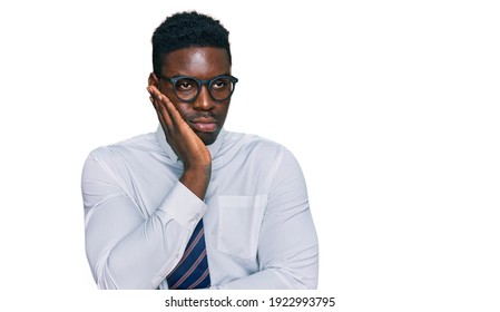 Handsome Business Black Man Wearing White Shirt And Tie Thinking Looking Tired And Bored With Depression Problems With Crossed Arms. 