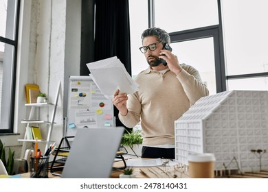 A handsome businessman with a beard is working in a modern office. He is on the phone and reviewing papers while standing next to a model building. - Powered by Shutterstock