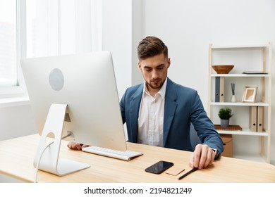 Handsome Businessman Computer Desktop Work Self-confidence Technologies