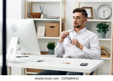 Handsome Businessman Computer Work Internet Official Self Confidence Office