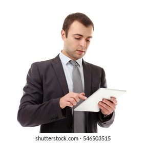 Handsome businessman with tablet computer on white background
