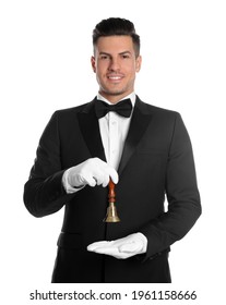 Handsome butler holding hand bell on white background