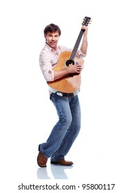 Handsome Casual Man With Guitar. Isolated On White Background.