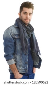 Handsome Casual Man Standing In Denim Jacket, Smiling.