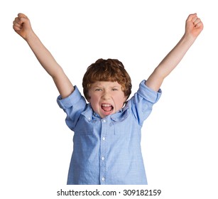 Handsome Caucasian Boy Celebrating Victory Or Success Screaming And Throwing Hands In The Air. Isolated On White Background