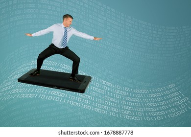Handsome Caucasian businessman surfing on binary codes waves, isolated in cyan background