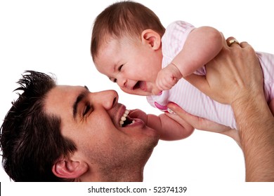 Handsome Caucasian Hispanic Father Holding Cute Baby Daughter In Air Having Fun And Laughing Smiling, Isolated;